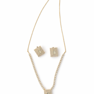 Gold Plated Crystal Rectangle Pendant Necklace with Stud Earrings Set