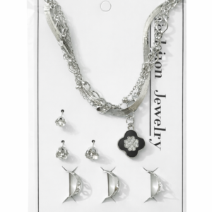 Silver Layered Necklace with Stud Earrings Set – Black Clover & Moon Design