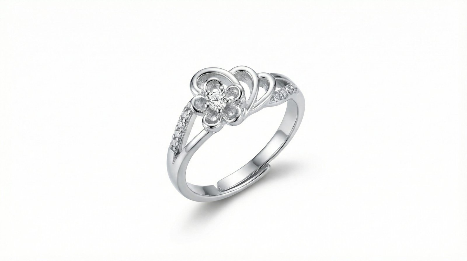 Elegant Adjustable Silver Flower Ring for Women – Crystal Stone Floral Design Open Band Ring2