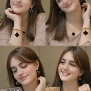 Elegant Black Clover Gold Plated Jewelry Set – Necklace, Earrings & Bracelet