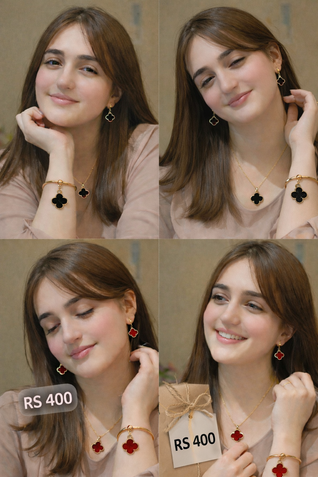 Elegant Black Clover Gold Plated Jewelry Set – Necklace, Earrings & Bracelet