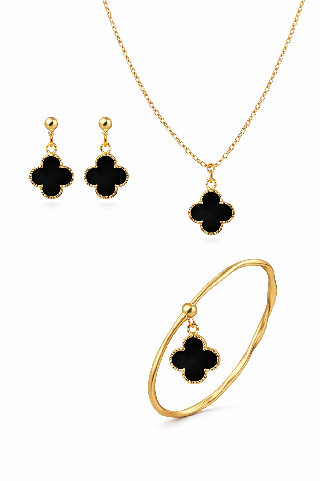 Elegant Black Clover Gold Plated Jewelry Set – Necklace, Earrings & Bracelet