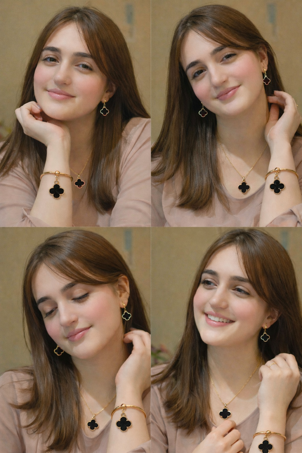 Elegant Black Clover Gold Plated Jewelry Set – Necklace, Earrings & Bracelet