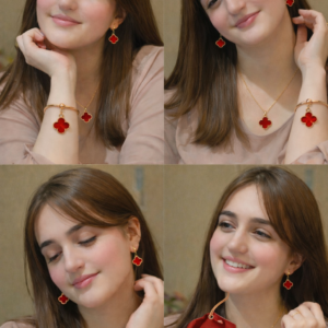 Elegant Red Clover Gold Plated Jewelry Set – Necklace, Earrings & Bracelet