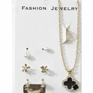 Gold Plated Black Clover Necklace with Multi Stud Earrings Set