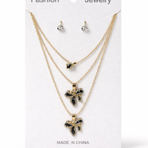 Gold Plated Triple Layer Butterfly Necklace with Stud Earrings Set