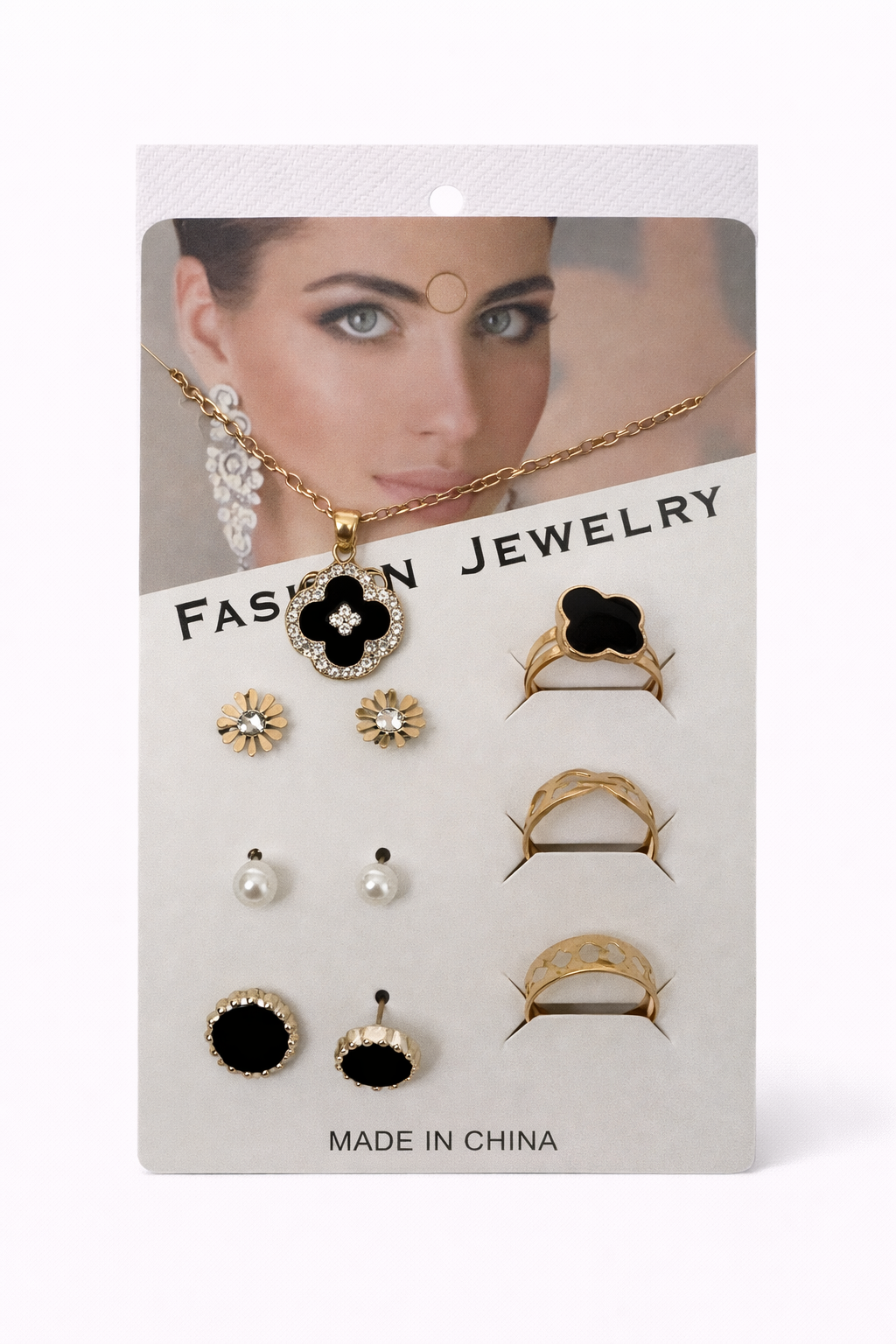 Luxury Black Heart Gold Plated Jewelry Combo Set – Necklace, Rings & Stud Earrings