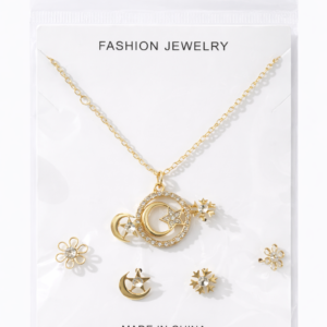 Moon & Star Gold Plated Jewelry Set – Necklace with Stud Earrings (4-Piece Set)