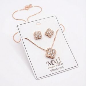 S925 Sterling Silver Rose Gold Flower Jewelry Set for Women – Crystal Pendant Necklace & Stud Earrings Set
