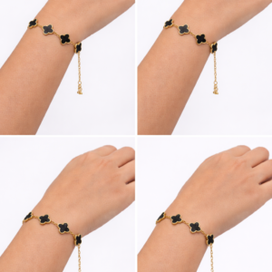 Stainless Steel Black Clover Bracelet for Women – Gold Plated Adjustable Chain